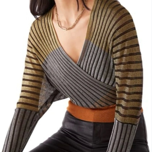 Free People Pluto Faux Wrap Multicolor Long Sleeve Ribbed Top Size Small NWT - Picture 2 of 13